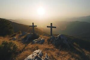 três Cruz em a montanha com Sol luz, crença, fé e espiritualidade, crucificação e ressurreição do Jesus Cristo às páscoa, generativo ai foto