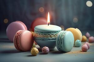 doce colorida aniversário bolos de copo e vela , generativo ai foto
