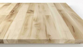esvaziar madeira mesa em isolado branco fundo com exibição montagem para produtos, gerar ai foto