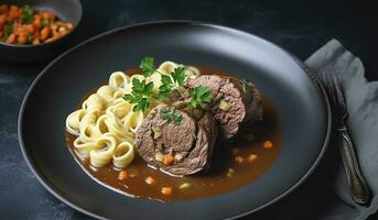 tradicional lento cozinhou alemão wagyu carne roladas com gnocchetti sardi Macarrão dentro uma picante molho Como uma topo Visão em uma nórdico Projeto prato com cópia de espaço em a certo, gerar ai foto