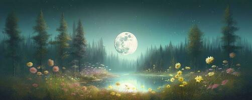 noite panorama meio Ambiente colheita lua sobre uma cintilante lago exuberante vegetação bétula árvores, flores, mágico galáxia. 3d desenhando digital arte, gerar ai foto