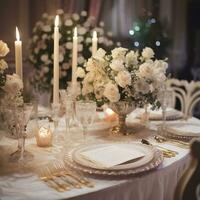 mesa configuração às uma luxo Casamento e lindo flores em a mesa , gerar ai foto