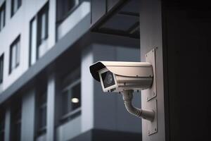 segurança Câmera em moderno prédio. profissional vigilância câmeras. cctv em a parede dentro a cidade. segurança sistema, tecnologia. vídeo equipamento para segurança sistema área ao controle ar livre. ai gerado. foto