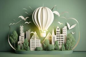 papel cortar do luz lâmpada com verde eco cidade , renovável energia de 2050 carbono neutro energia ou estufa gás emissão co2 , Salve  energia criativo idéia conceito , generativo ai foto