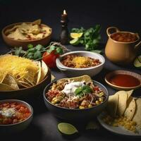 mexicano Comida canto fronteira, Careca Visão sobre uma Sombrio bandeira fundo. tacos, Quesadilla, burritos e nachos. cópia de espaço, gerar ai foto