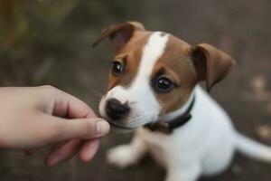 alegre cachorro jack russell terrier de brincadeira morder a dedos do Está proprietário, gerar ai foto