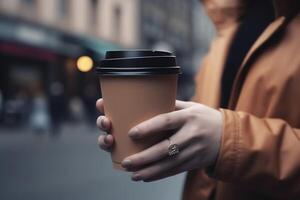 fêmea mão com papel copo do café levar ausente. mulher segurando para ir levar Fora café xícara, borrado cidade rua em fundo. ai gerado imagem. foto