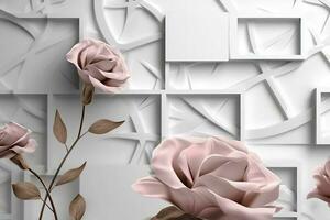 3d clássico papel de parede. rosa flores em uma luz cinzento fundo com quadrados e ondulado formas. para parede casa decoração, gerar ai foto