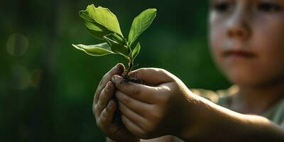 uma criança segurando uma plantar dentro seus mãos com uma verde fundo e luz solar brilhando através a folhas em a plantar, gerar ai foto