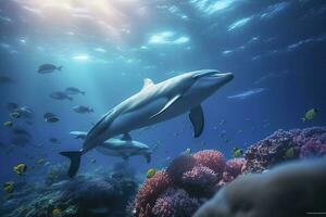 golfinhos natação dentro a submarino, lindo embaixo da agua e colorida coral dentro a selvagem natureza do a pacífico oceano, gerar ai foto