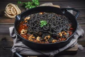 tradicional italiano espaguete al Nero di seppia com Lula tinta dentro tomate molho servido Como fechar-se dentro uma ferro fundido panela em uma de madeira quadro, gerar ai foto