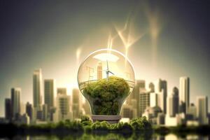 energia consumo e co2 gás emissões estão aumentando luz lâmpadas com verde eco cidade, renovável energia de 2050 carbono neutro energia, Salve  energia criativo idéia conceito, generativo ai. foto