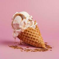 a derrubado waffle cone com derretido gelo creme em uma Rosa fundo, gerar ai foto