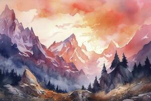 pintura uma aguarela panorama do uma montanha alcance com coberto de neve picos, apresentando uma vibrante pôr do sol céu e intrincado detalhes do pedras e árvores, gerar ai foto
