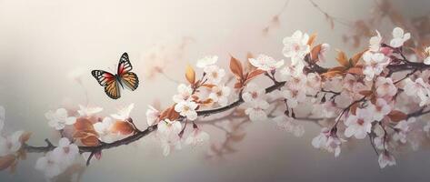 Primavera bandeira, galhos do florescendo cereja contra a fundo do azul céu, e borboletas em natureza ao ar livre. Rosa sakura flores, sonhadores romântico imagem primavera, panorama panorama, gerar ai foto