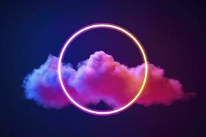 3d renderizar, abstrato nuvem iluminado com néon luz anel em Sombrio noite céu. brilhando geométrico forma, volta quadro, gerar ai foto