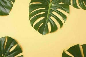 lindo tropical Palma monstera folhas ramo isolado em pastel amarelo fundo, topo visualizar, plano deitar, a sobrecarga acima verão beleza em branco Projeto conceito , gerar ai foto