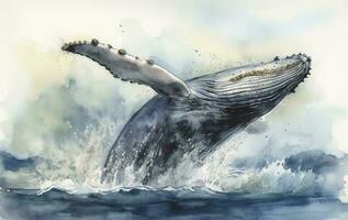 uma baleia violar dentro uma tormentoso oceano aguarela pintura, lindo natural formulários, fresco limpar \ limpo formas, colorida, branco fundo, gerar ai foto