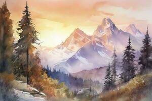 pintura uma aguarela panorama do uma montanha alcance com coberto de neve picos, apresentando uma vibrante pôr do sol céu e intrincado detalhes do pedras e árvores, gerar ai foto