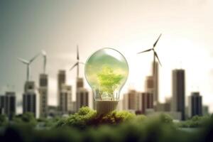 energia consumo e co2 gás emissões estão aumentando luz lâmpadas com verde eco cidade, renovável energia de 2050 carbono neutro energia, Salve  energia criativo idéia conceito, generativo ai. foto