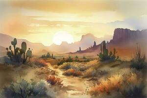 pintura uma aguarela panorama do uma deserto cena com imponente Rocha formações, intrincado cactos, e uma dramático pôr do sol céu, gerar ai foto
