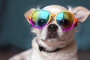 fofa cachorro com colorida oculos de sol , simbólico do lgbtq campanha , generativo ai foto