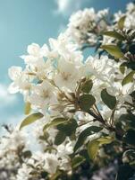 Primavera a cereja flores. vintage, com azul céu fundo, gerar ai foto