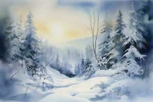 pintura uma aguarela panorama do uma inverno cena, apresentando uma coberto de neve floresta ou montanhas, e intrincado detalhes do flocos de neve, gelo, e congeladas fluxos, gerar ai foto