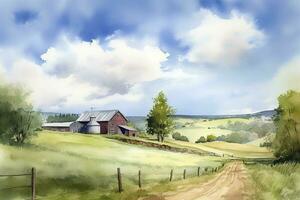 uma aguarela pintura do uma rural campo cena, apresentando uma pitoresco Fazenda ou celeiro, rolando colinas, e uma azul céu com fofo nuvens, gerar ai foto