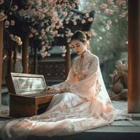 uma fofa menina com miniatura gatinho dentro uma linda chinês vestir, xaile Casamento vestir, chiffon material, chão - comprimento saia com bordado e laceg, gerar ai foto