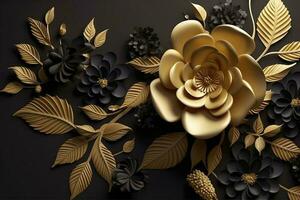 3d mural floral papel de parede. dourado e Preto flores e folhas. 3d render fundo parede decoração, gerar ai foto