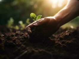 uma criança segurando uma plantar dentro seus mãos com uma verde fundo e luz solar brilhando através a folhas em a plantar, gerar ai foto