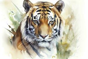 pintura uma realista retrato do uma tigre dentro a selva aguarela pintura, lindo natural formulários, fresco limpar \ limpo formas, colorida, branco fundo, gerar ai foto