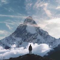 uma homem carrinhos dentro frente do uma montanha com uma céu ai generativo foto