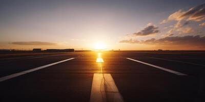 uma cenário do a aeroporto com uma pôr do sol ai gerado foto