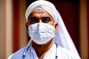 uma muçulmano homem vestindo protetora mascarar. cobiçado 19. usando máscara com confiança. generativo ai foto
