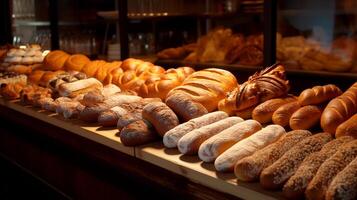 pão exibição dentro uma padaria com uma ampla seleção do fresco perfumado pão, ai gerado foto