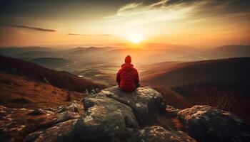 1 pessoa meditando no topo montanha pico gerado de ai foto