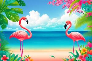 verão período de férias conceito. flamingo paraíso. explorando a vibrante costeiro maravilhas. generativo ai foto