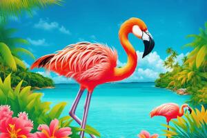 verão período de férias conceito. flamingo paraíso. explorando a vibrante costeiro maravilhas. generativo ai foto