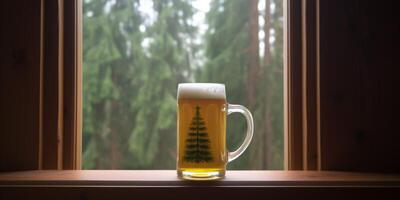 caneca do Cerveja dentro a floresta casa ai gerado foto