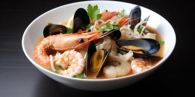 frutos do mar ensopado com músculos mexilhão camarão e peixe ai gerado foto