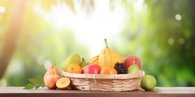 frutas cesta em uma de madeira mesa com borrão selva fundo ai gerado foto