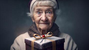 animado caucasiano velho senhora com Natal presente retrato, neural rede gerado arte foto