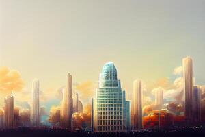 abstrato contemporâneo ocidental centro da cidade paisagem urbana às ensolarado manhã com moderno arranha-céus, neural rede gerado arte foto