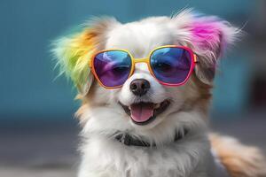 fofa cachorro com colorida oculos de sol , simbólico do lgbtq campanha , generativo ai foto