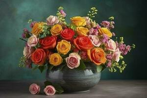 colorida Primavera flor arranjo com rosas, francês texto merci significa obrigado você , gerar ai foto