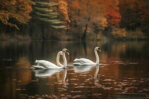 fotografia do uma par do cisnes graciosamente planador em uma tranquilo lago, seus pescoços elegantemente entrelaçados para Formato uma perfeito coração forma , gerar ai foto