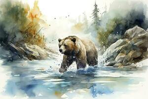 uma Urso pescaria dentro uma rio aguarela pintura, lindo natural formulários, fresco limpar \ limpo formas, colorida, branco fundo, gerar ai foto