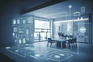 moderno inteligente casa gestão sistemas usar aumentado realidade, inteligente prédio, a inteligente casa isolado fundo, gerar ai foto
